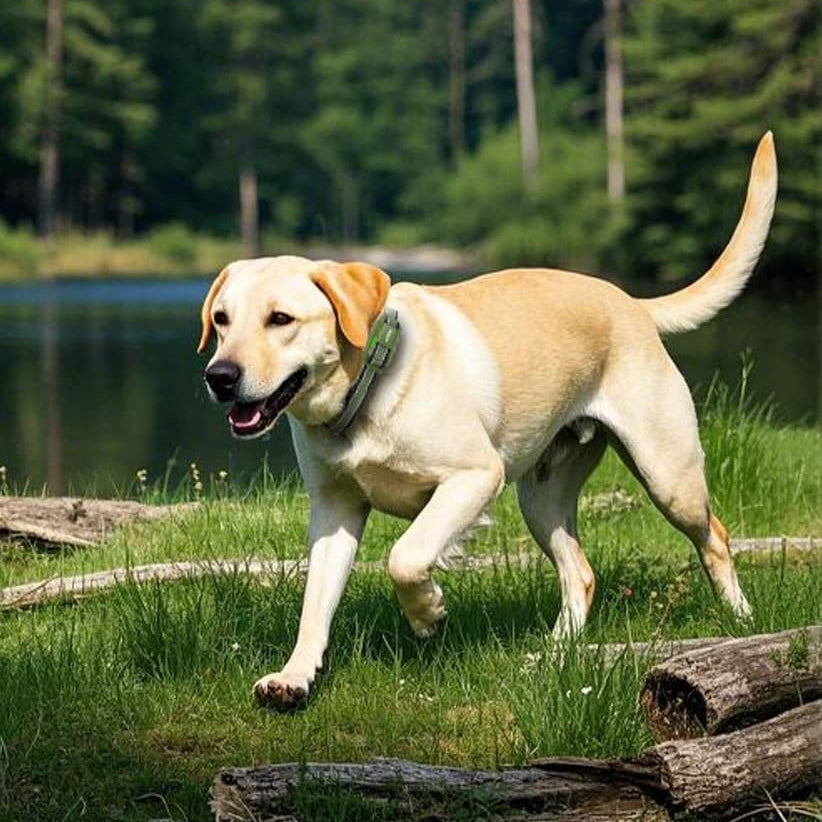 Dog running on grass near a lake with trees in the background